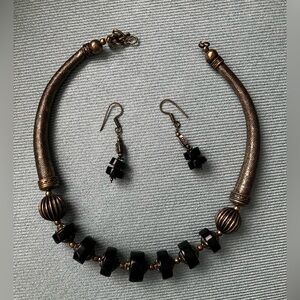 Set of Black Onyx Beads Necklace and Earrings